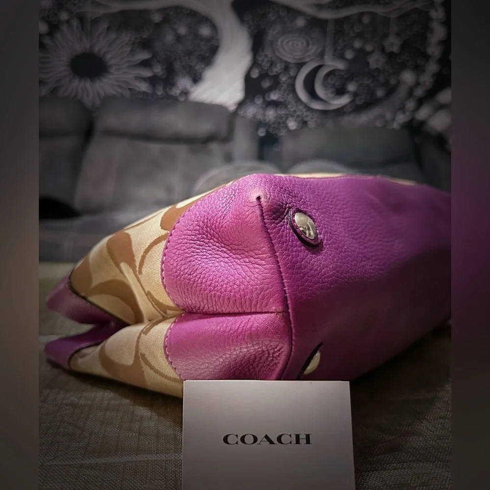 Vintage Coach purple Pink leather and Tan Signature Tote Bag shoulder bag 2009 - Picture 16 of 17